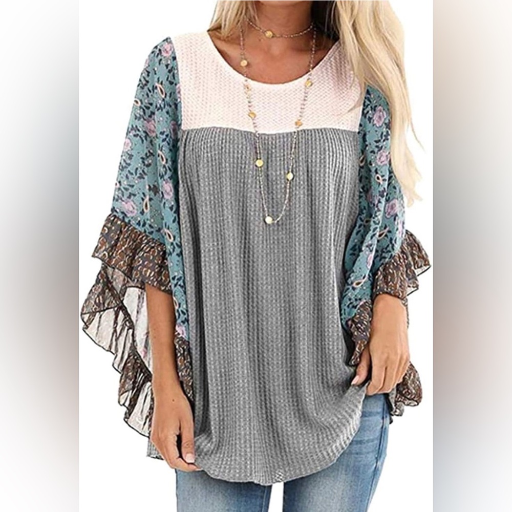 Floral Patter 3/4 Sleeve Shirt Batwing Loose
